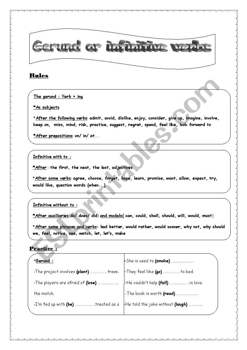 Gerund or infinitive verbs worksheet