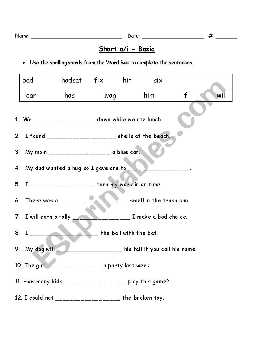 Short Vowels a i Sentences ESL Worksheet By Tracy white