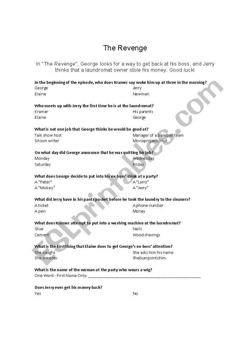 Seinfeld the revenge worksheet