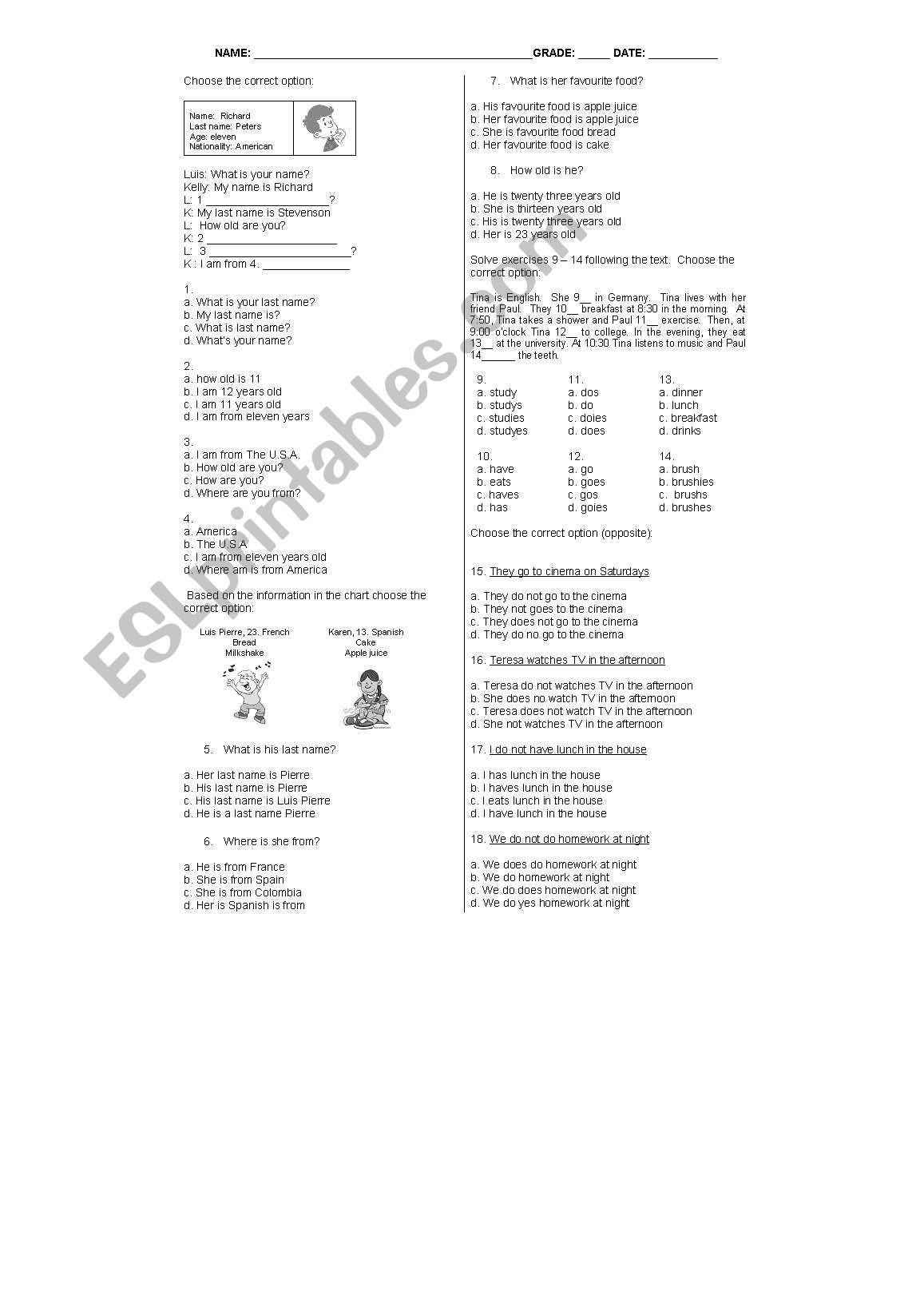 QUIZ SIMPLE PRESENT worksheet