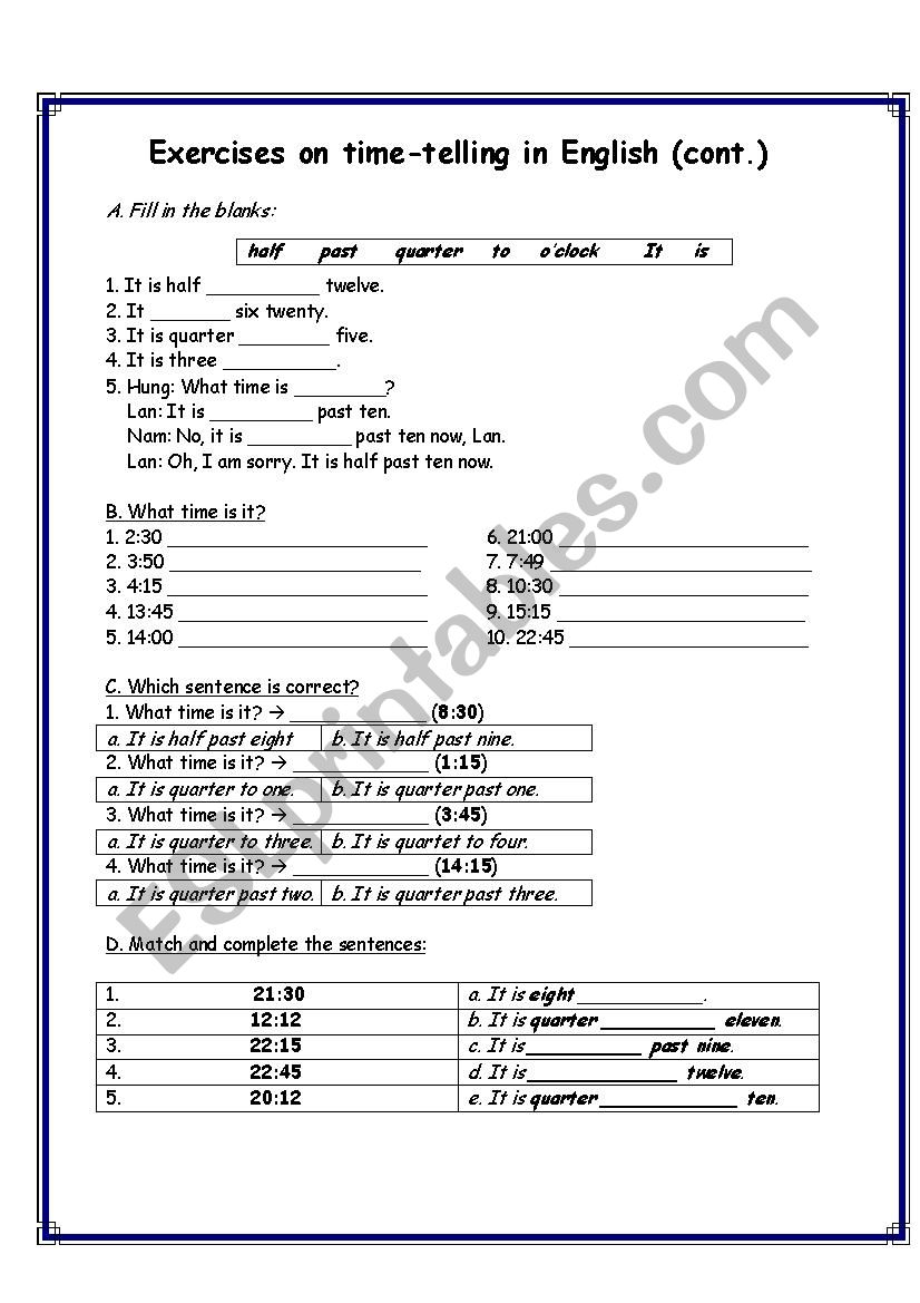 Exercises on time telling in English