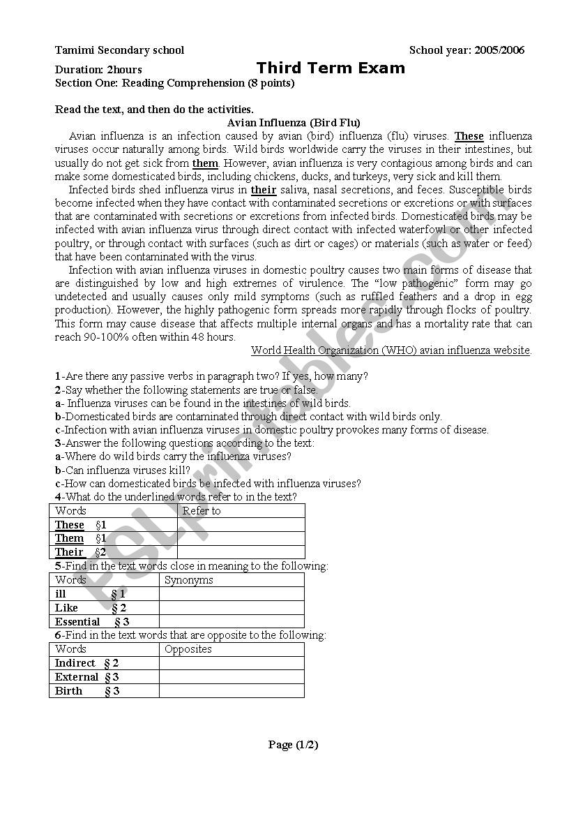 AVIAN INFLUENZA worksheet