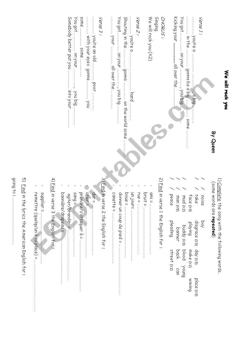 We Will Rock You by Queen worksheet