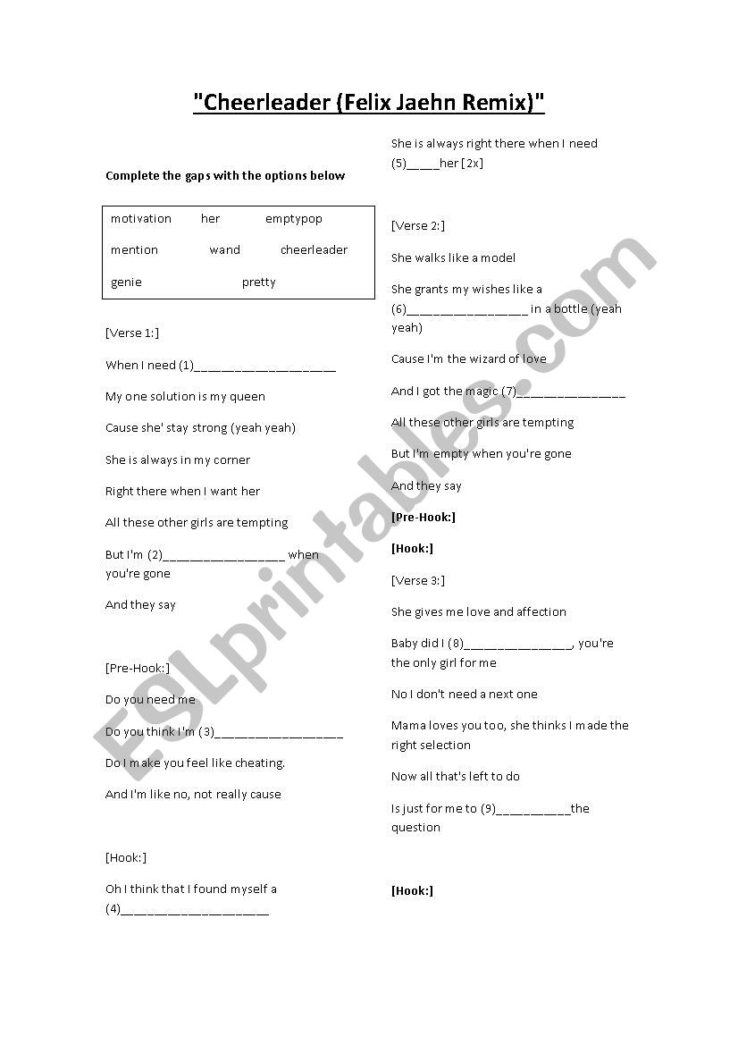 Cheerleader song_by OMI worksheet