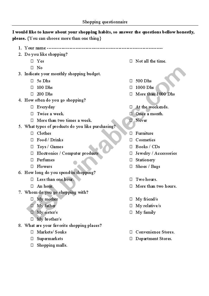 Shopping Questionnaire  worksheet