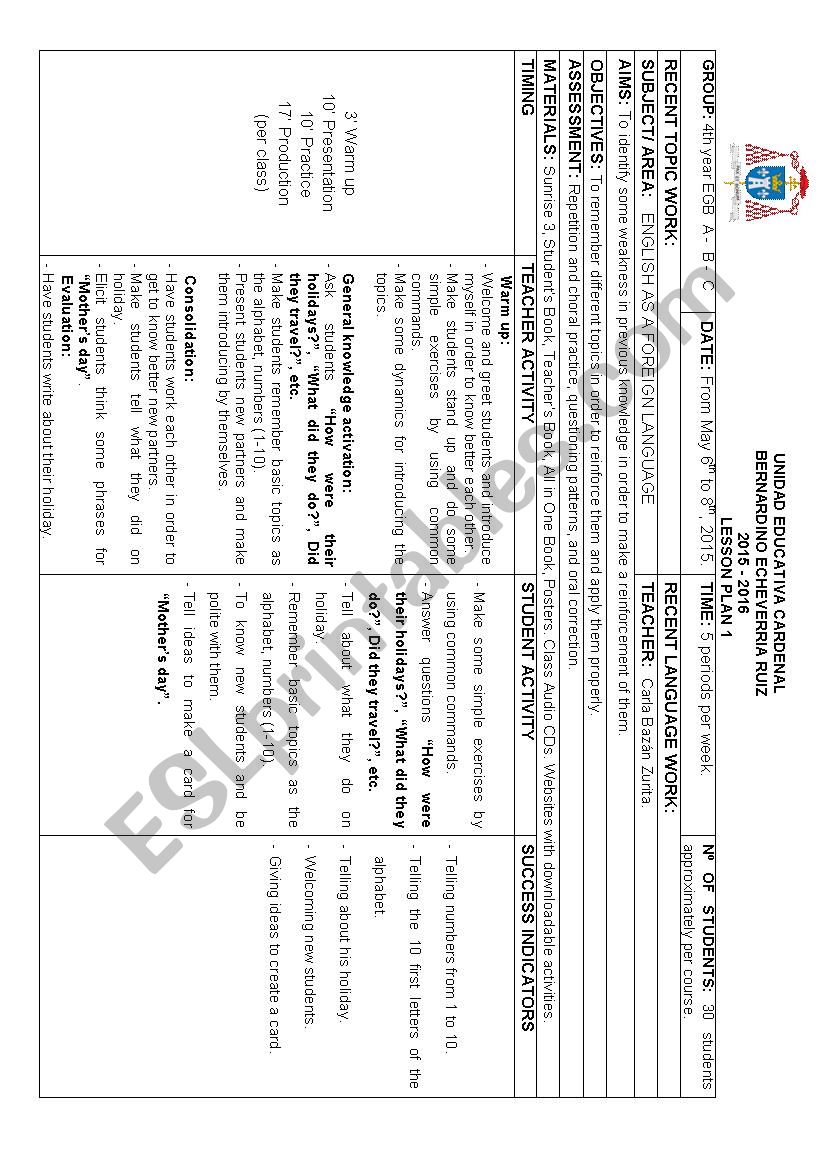 Lesson plan for 4th grade worksheet