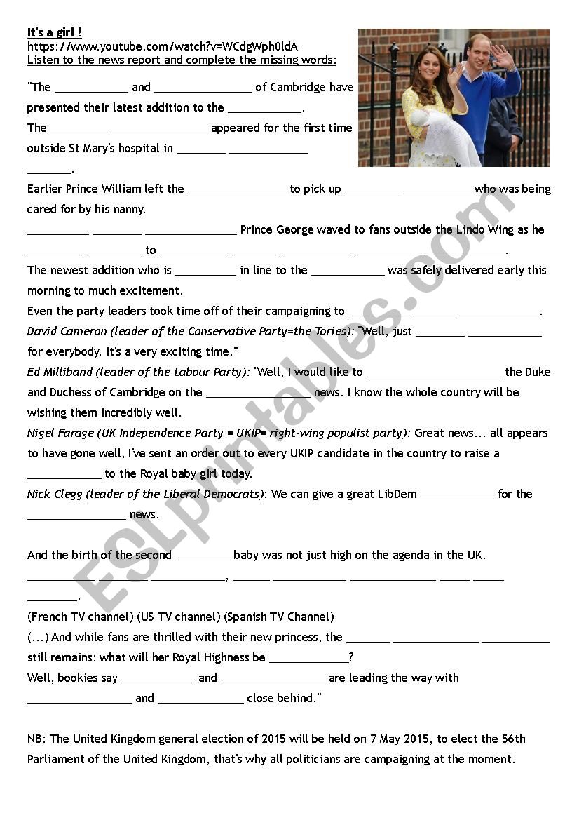 Royal baby girl news report worksheet