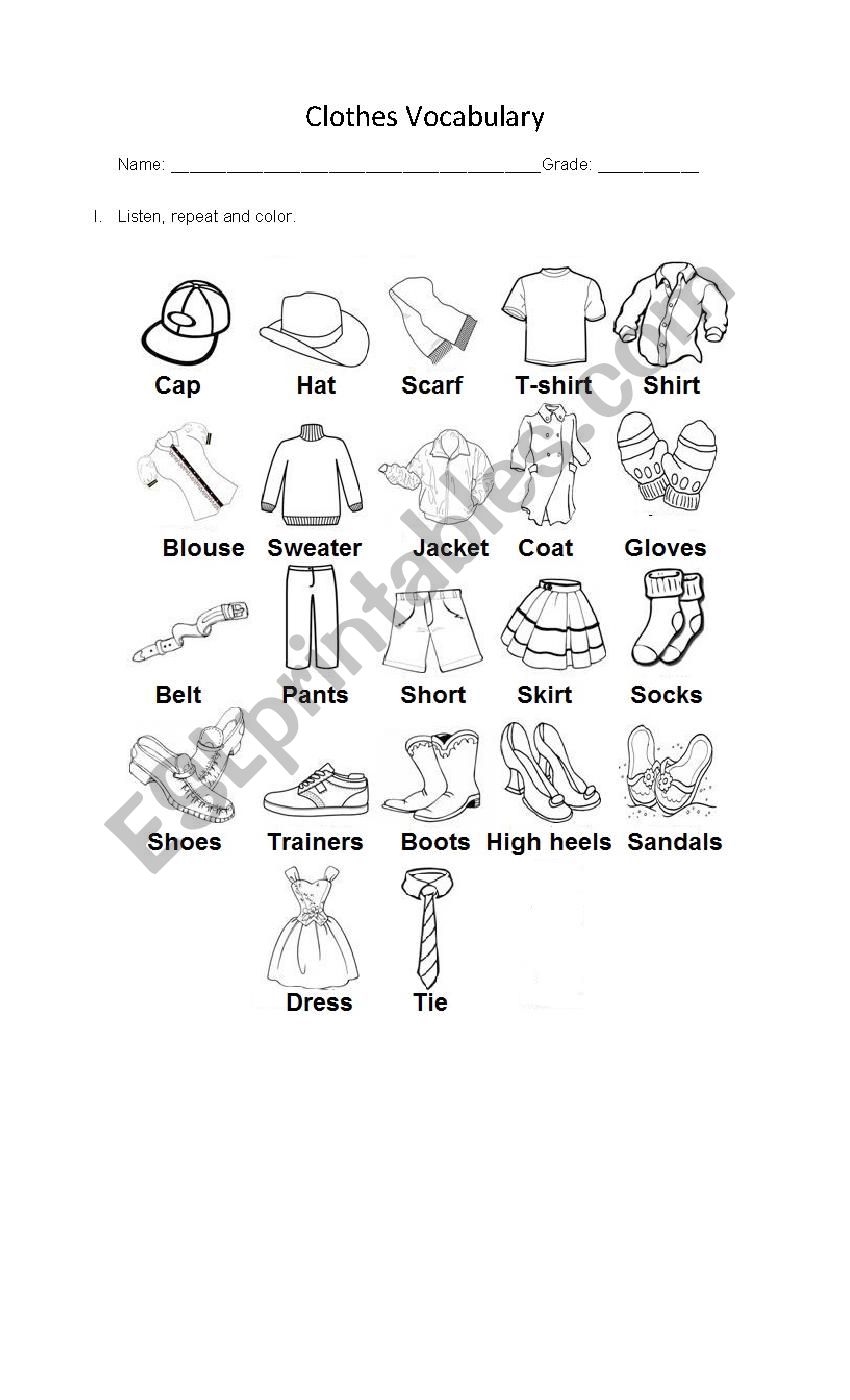 Clothes Vocabulary 4th grade worksheet