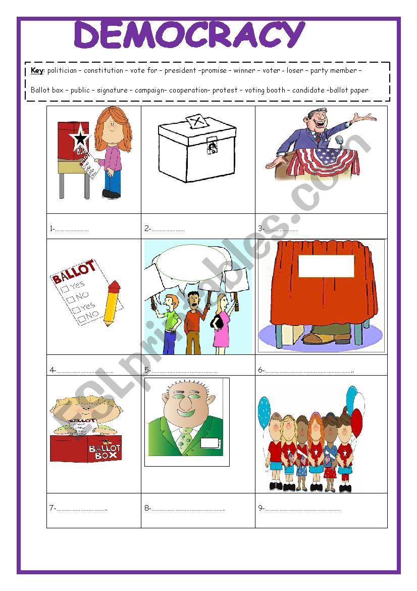 Democracy  vocabulary  2 pages and answer key included