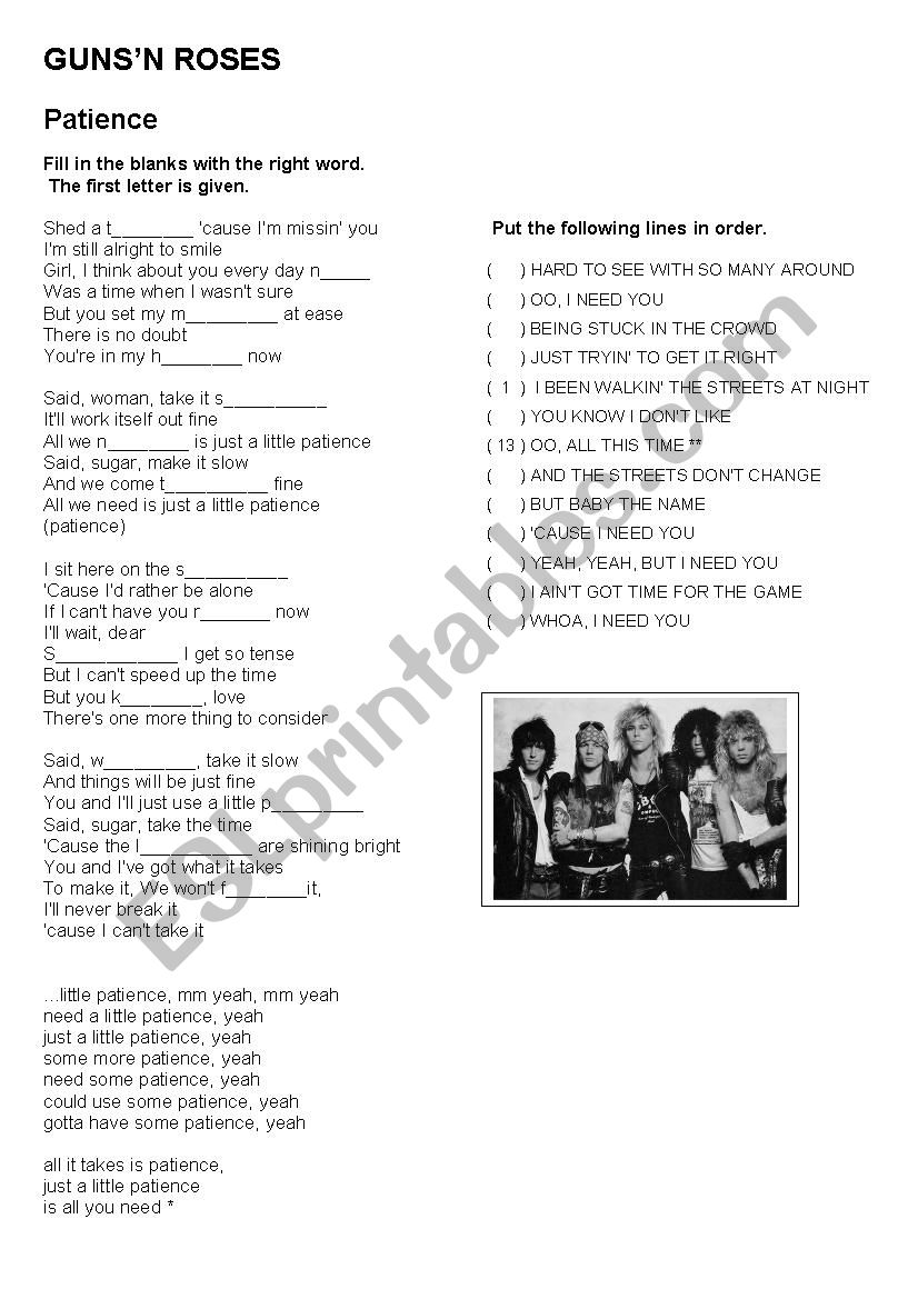 Patience Guns N' Roses worksheet