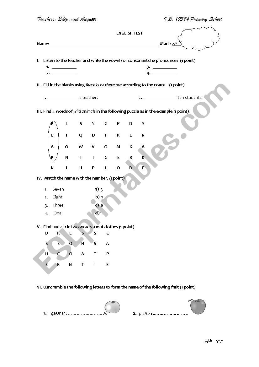 easy test worksheet