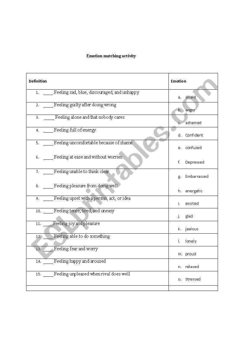 Emotion matching activity worksheet