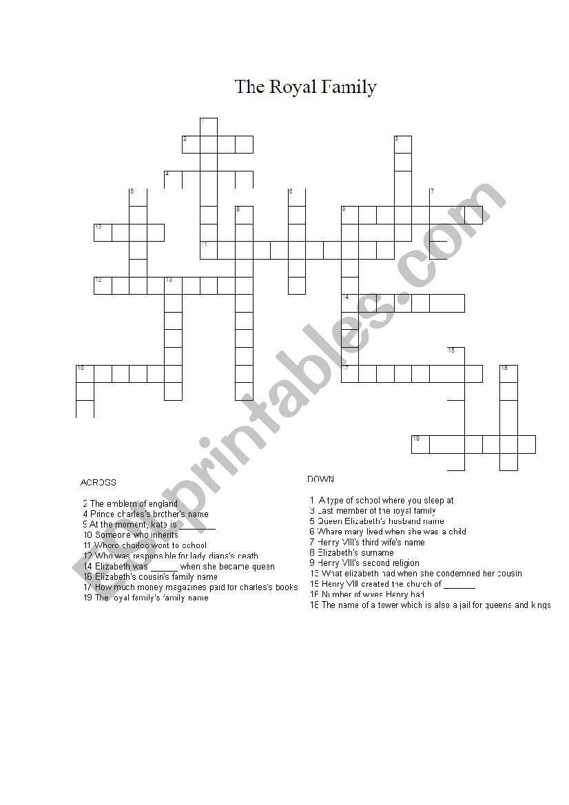 Royal Family Crossword worksheet