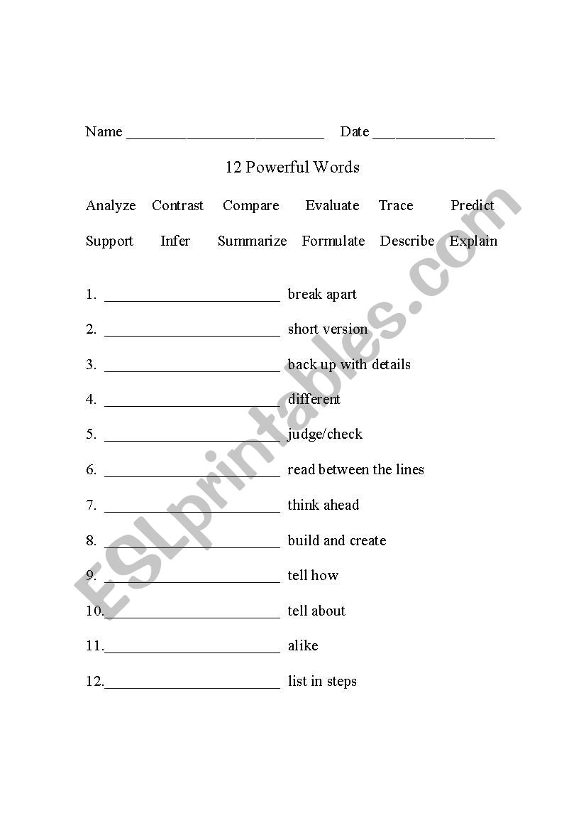 12 Powerful Words worksheet