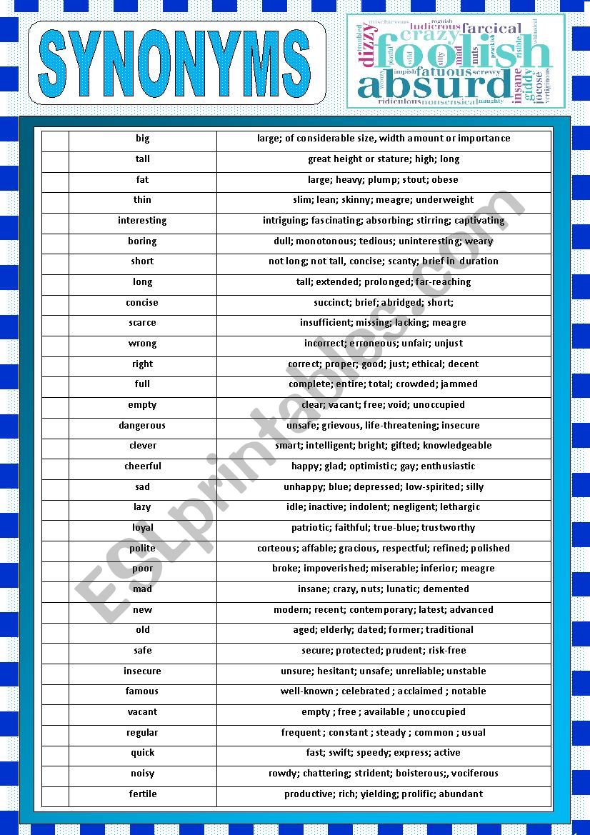 Synonyms worksheet