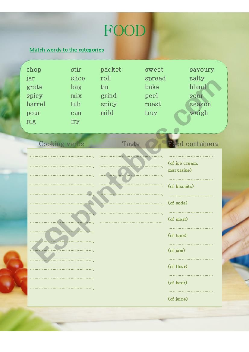 Food - matching words to the categories (table)