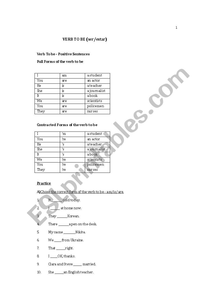 Verb To Be worksheet