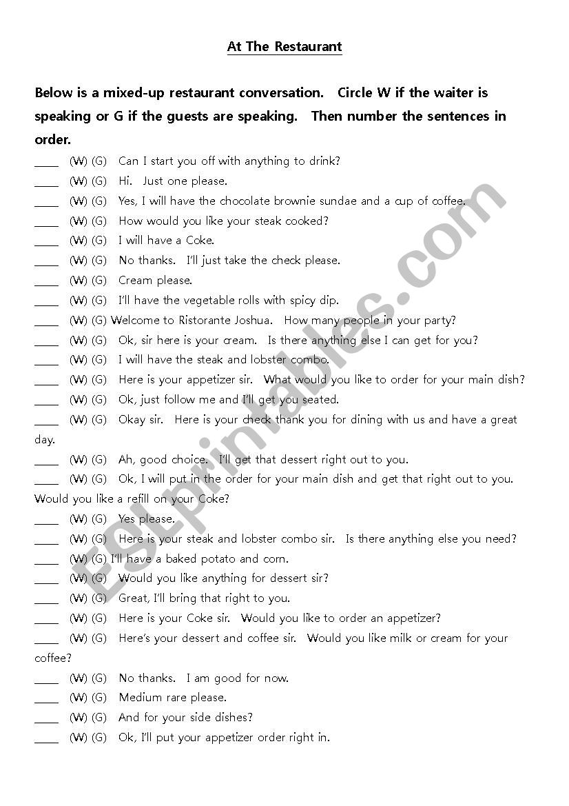 Mixed-Up Restaurant Dialogue worksheet
