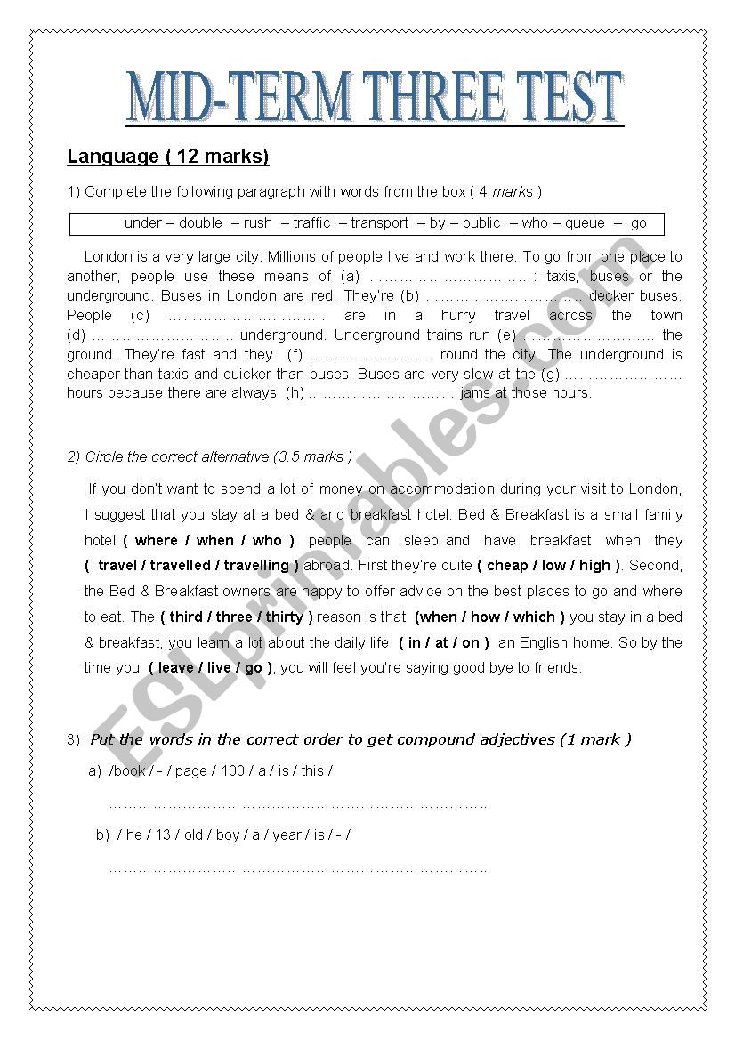 Mid-term three test worksheet