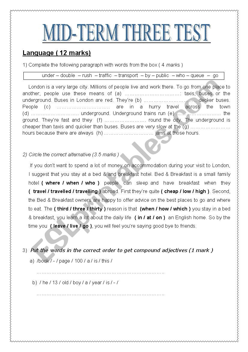 Mid-term three test worksheet