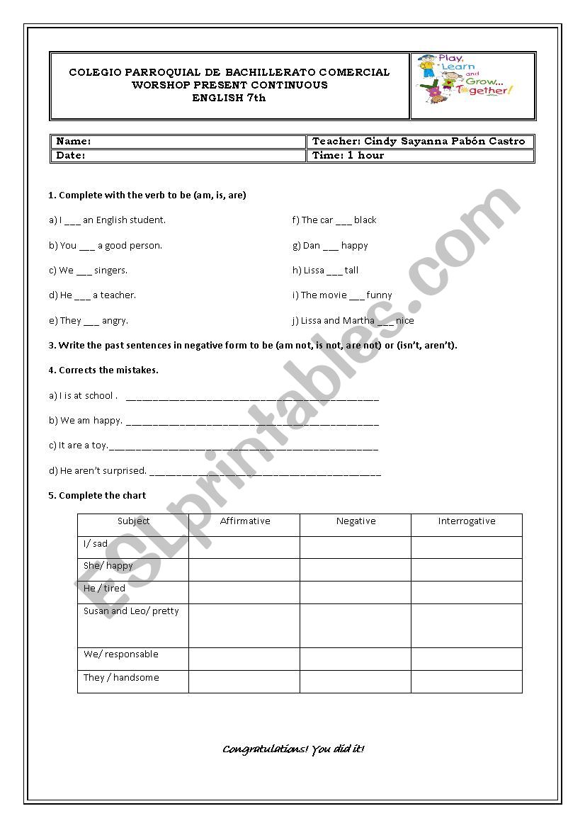 verb to be worksheet