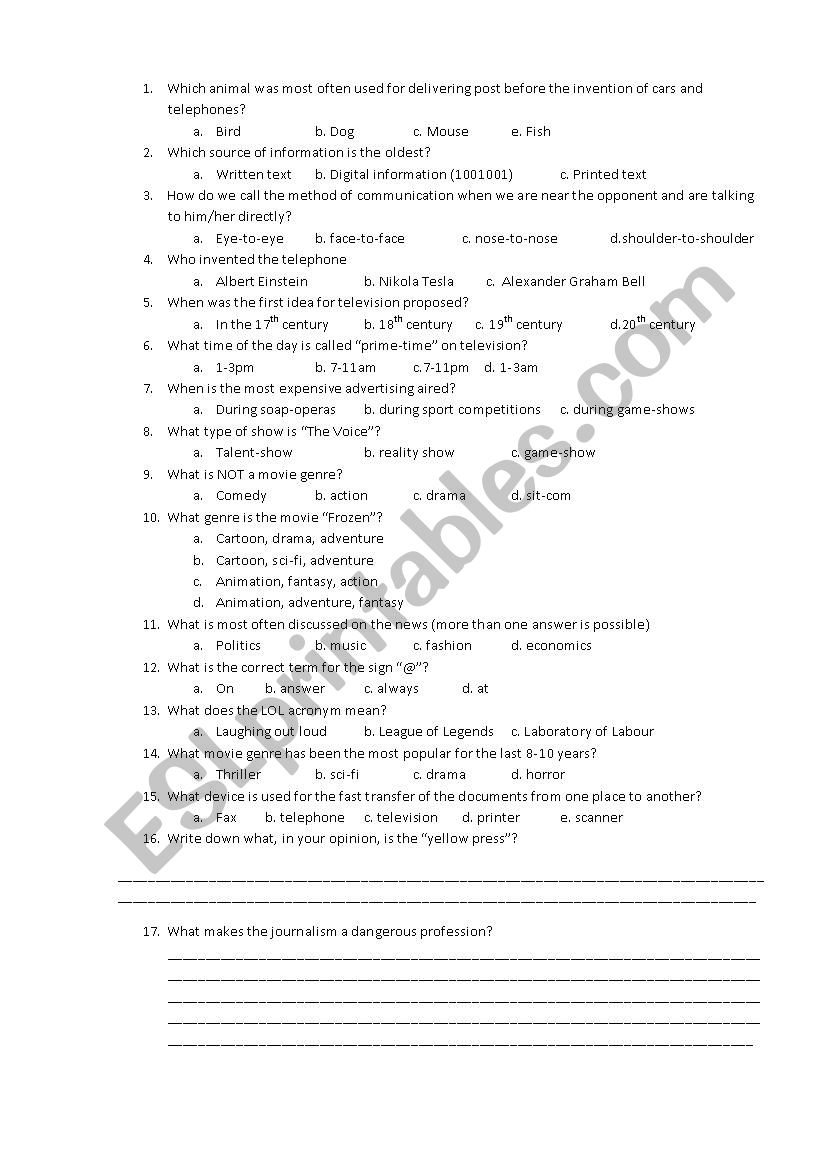 communication and media worksheet