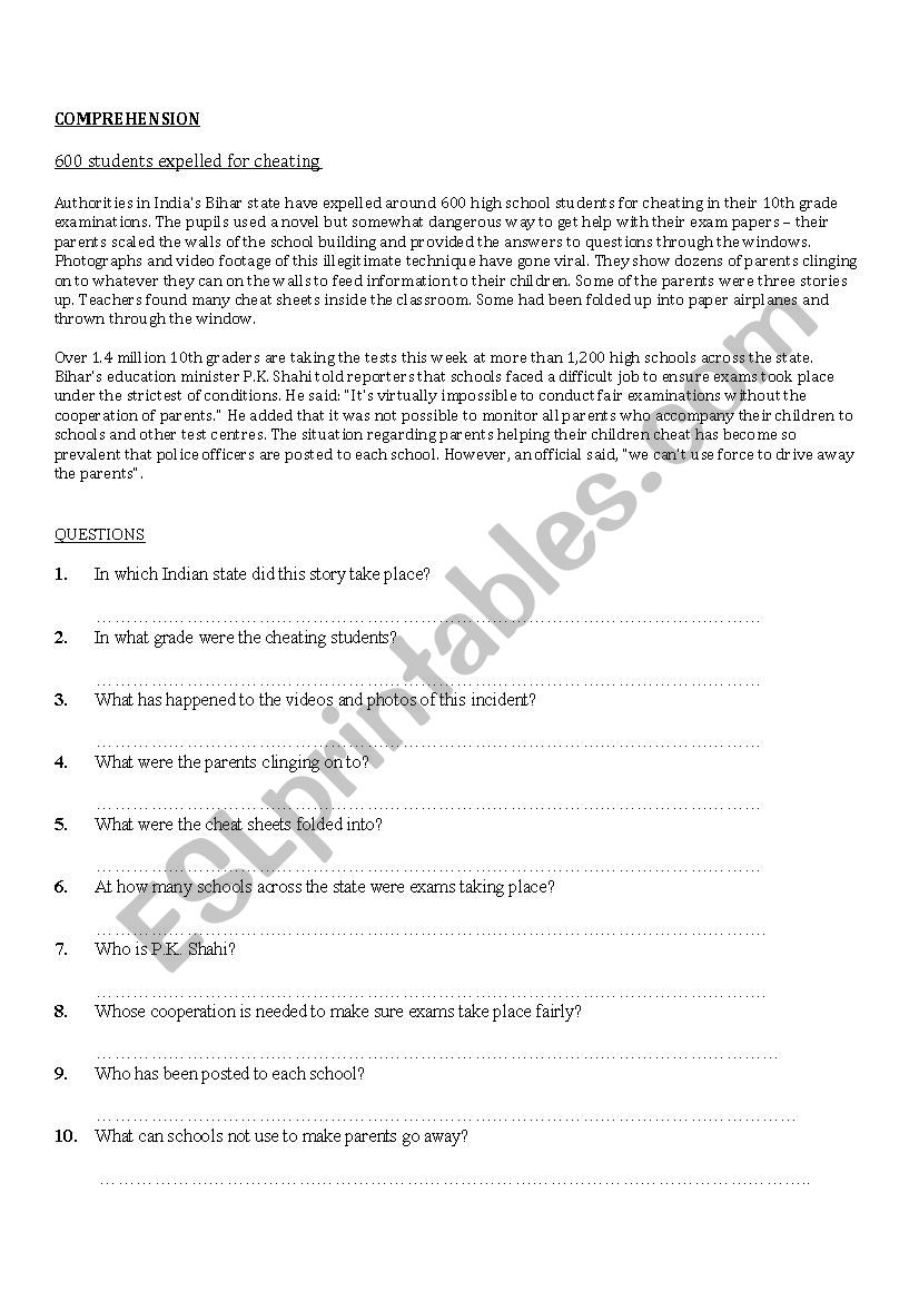 passage worksheet