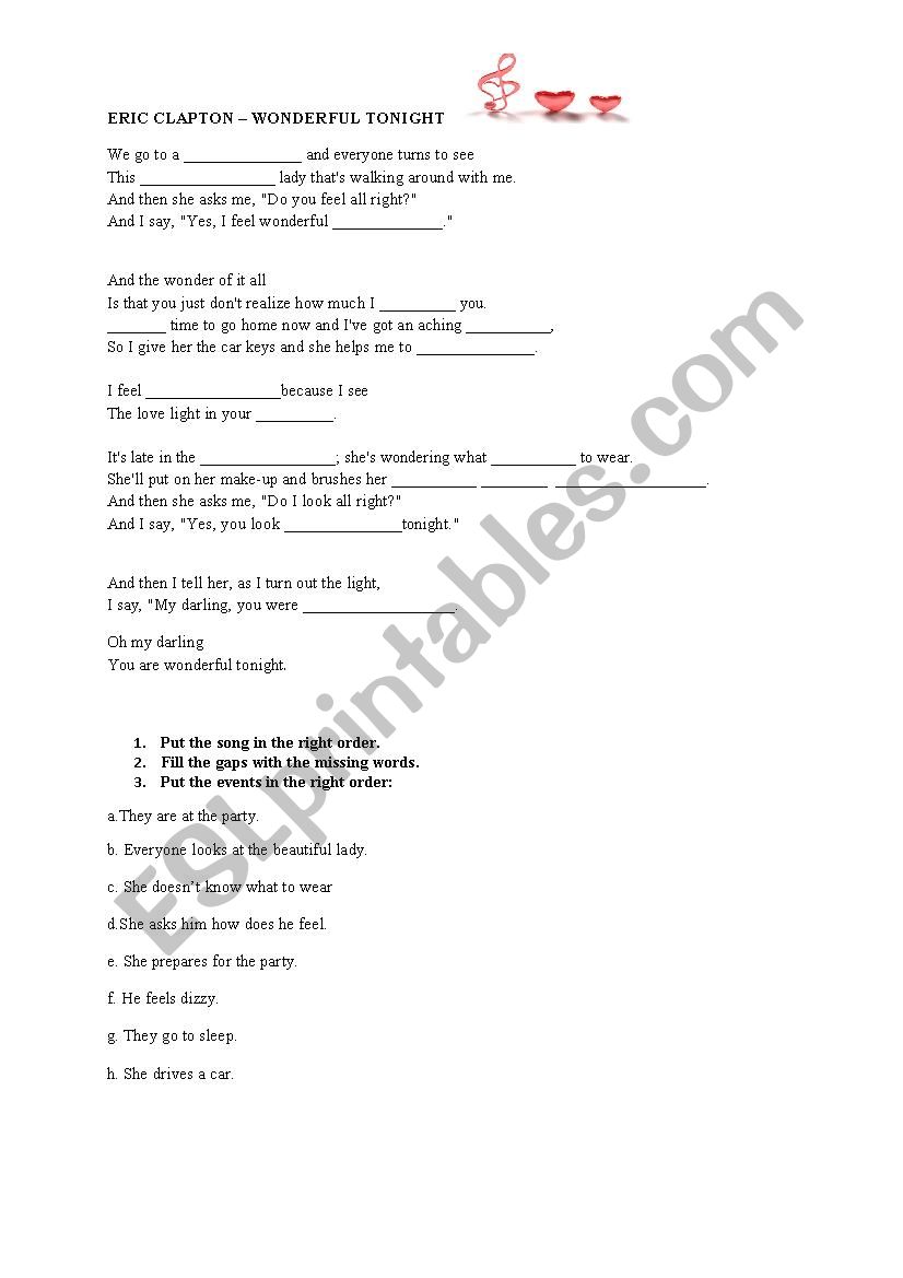 Wonderful tonight  worksheet