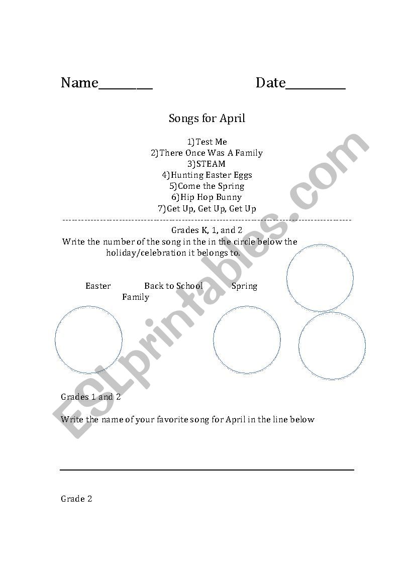 Songs for April worksheet