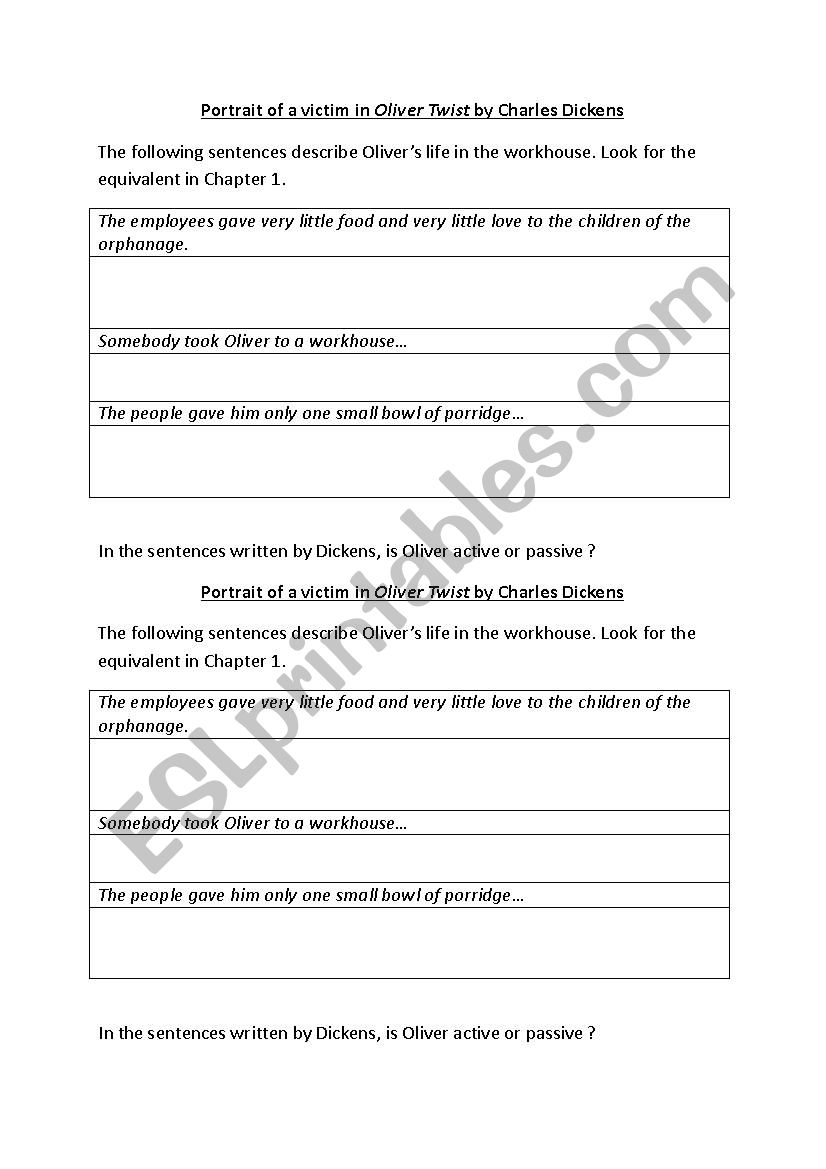 Oliver Twist as a victim worksheet