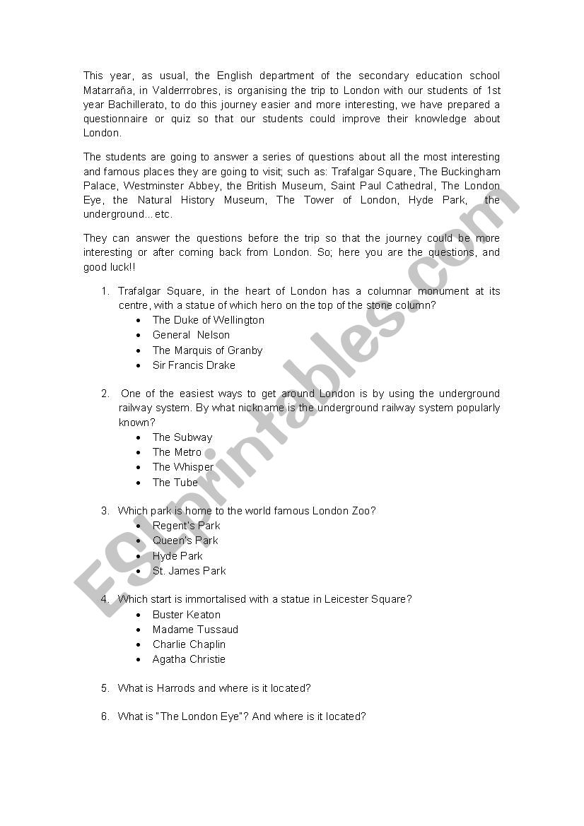 LONDON QUIZ worksheet