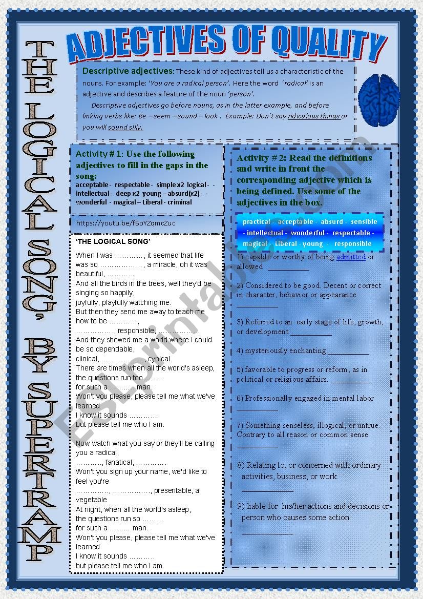 Descriptive adjectives through The logical song by Supertramp