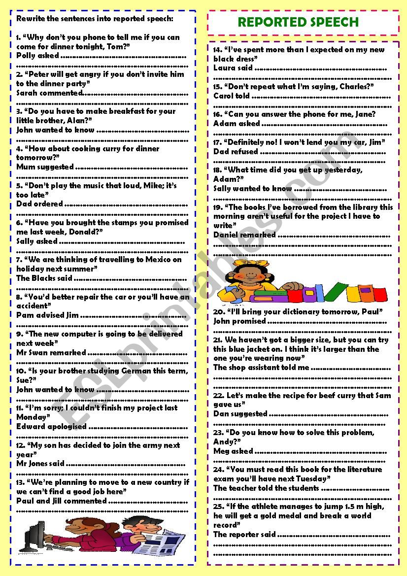 Reported speech + key worksheet