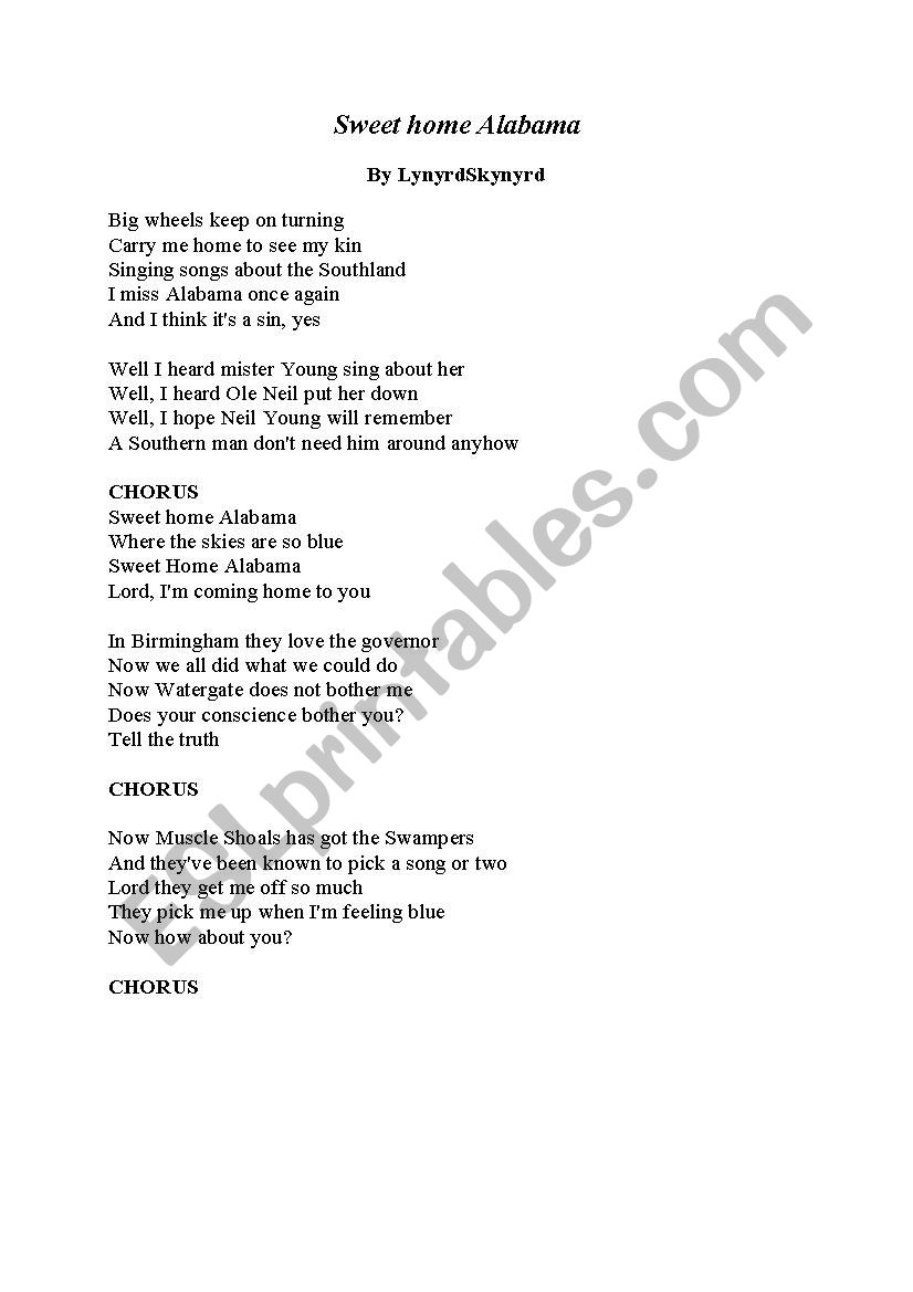 Song sweet home alabama worksheet