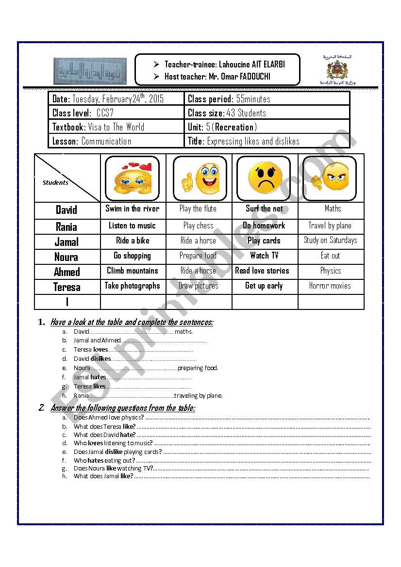 Likes and Dislikes worksheet