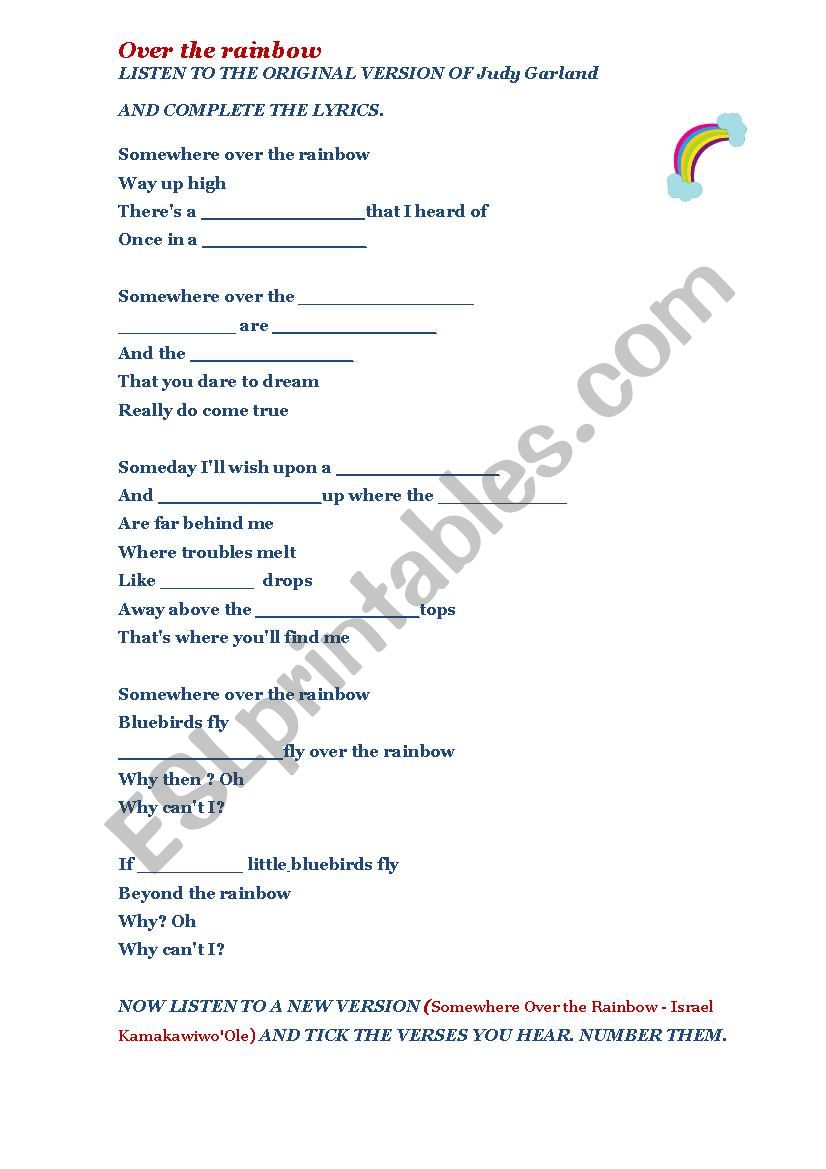 Over the rainbow worksheet