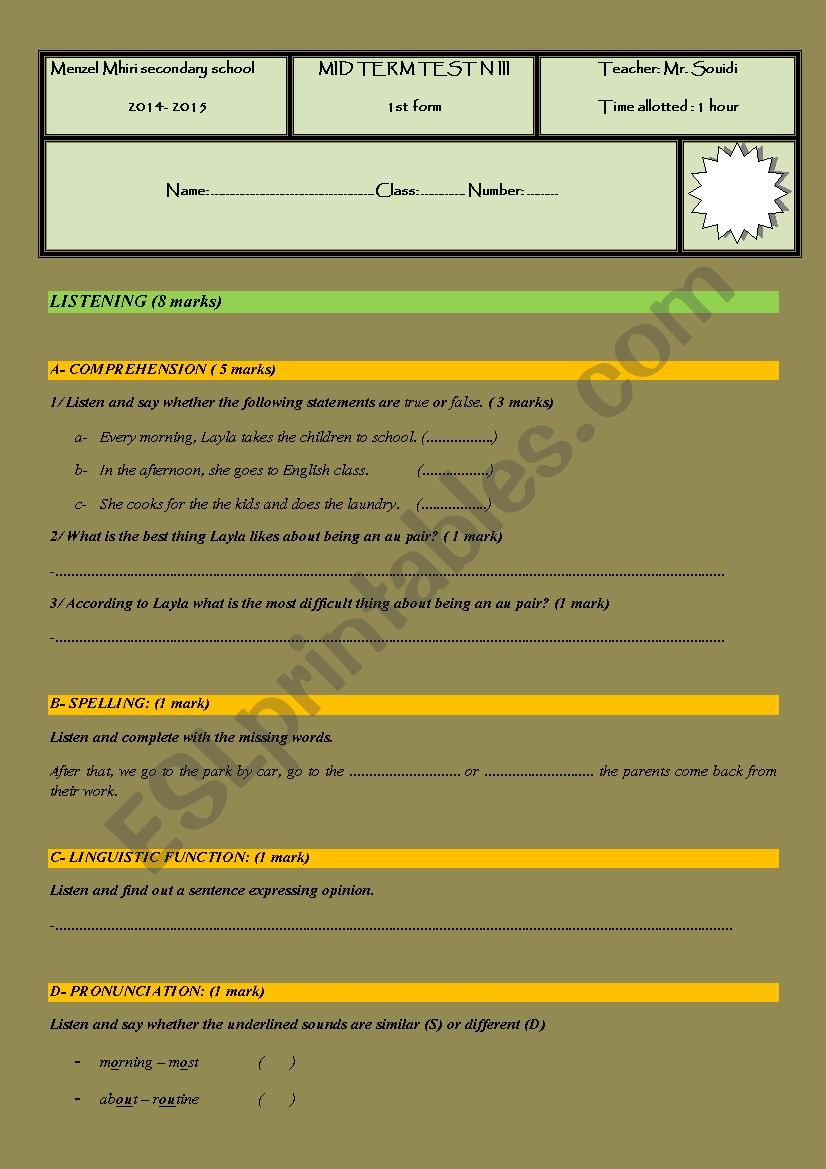 Mid term Test  N 3 for 1st form 