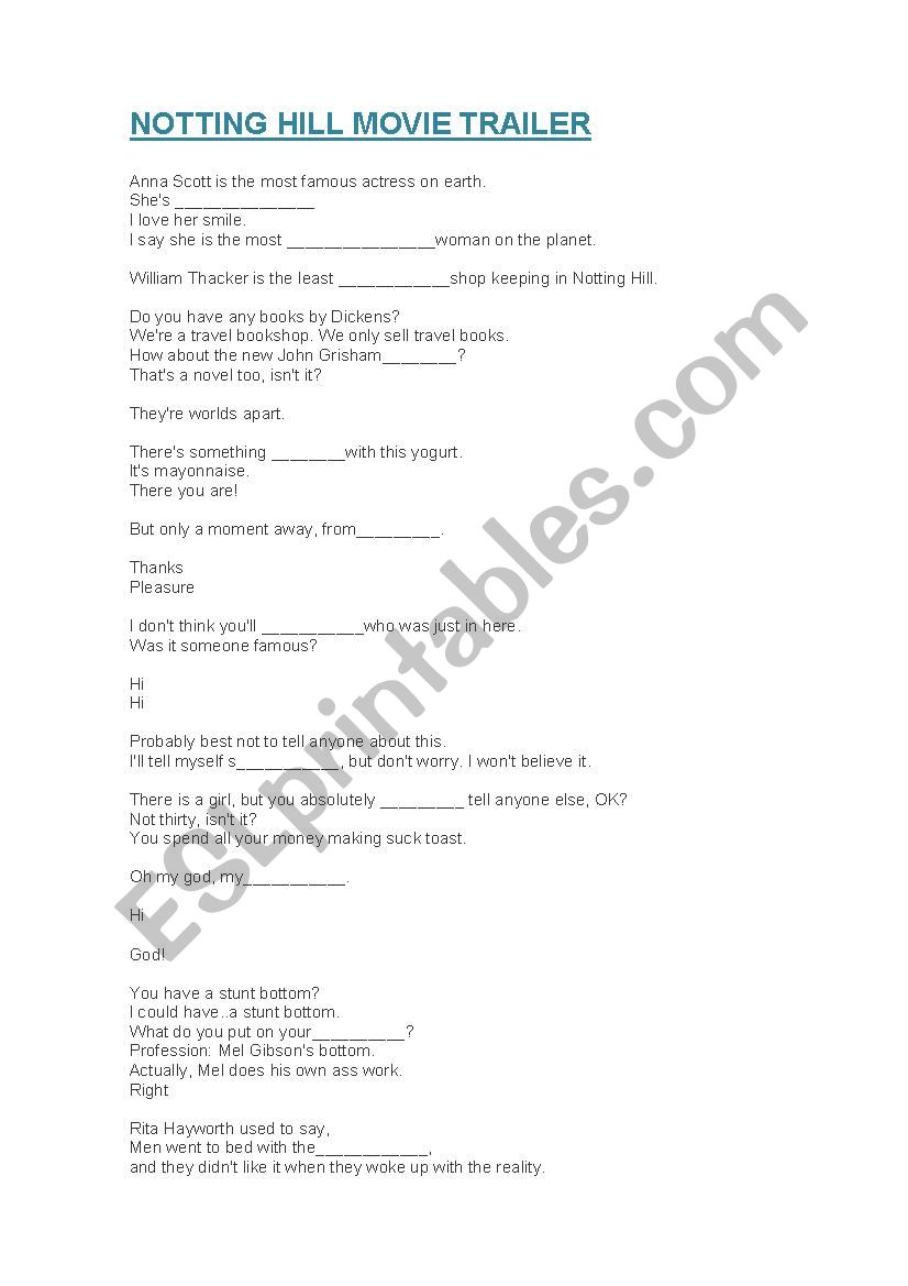 Movie Trailer: Notting Hill worksheet