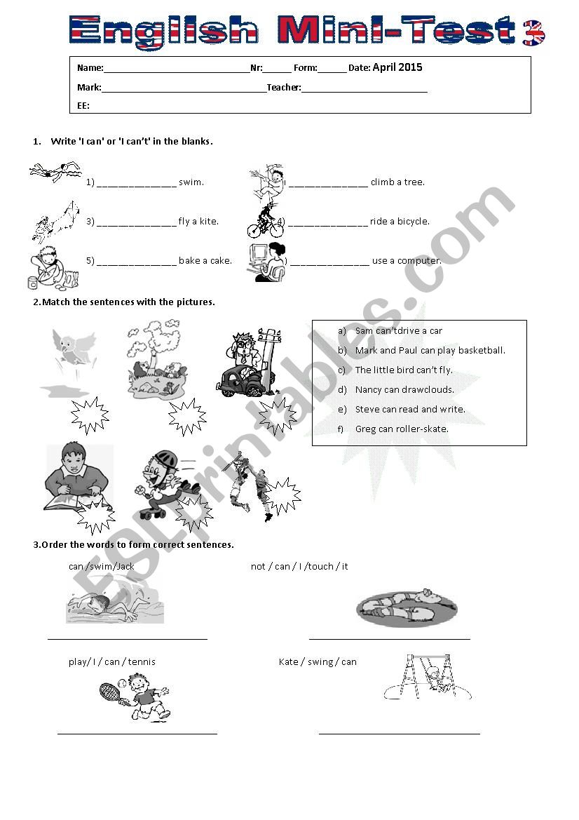 Mini test worksheet