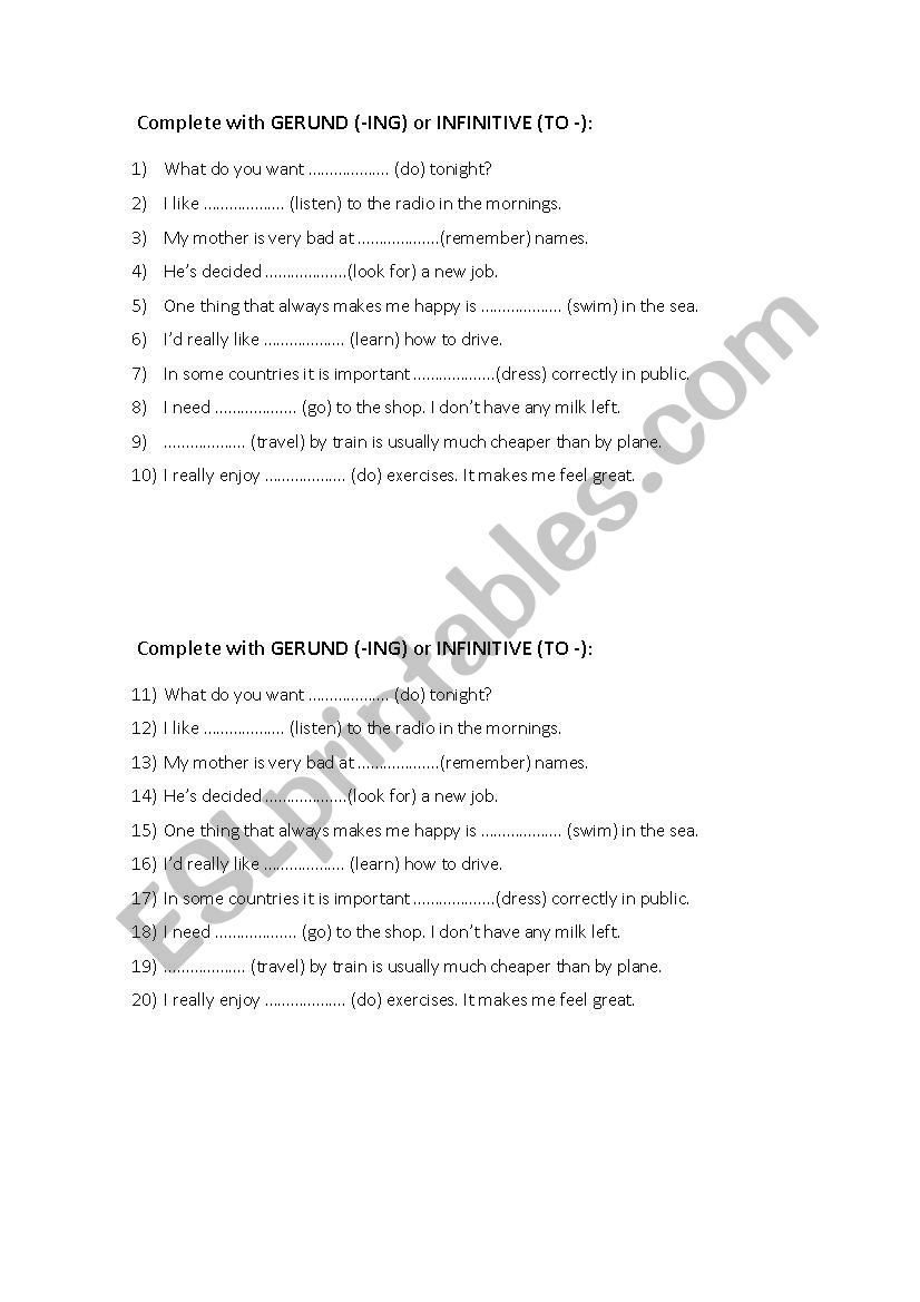 Gerund vs. infinitive worksheet