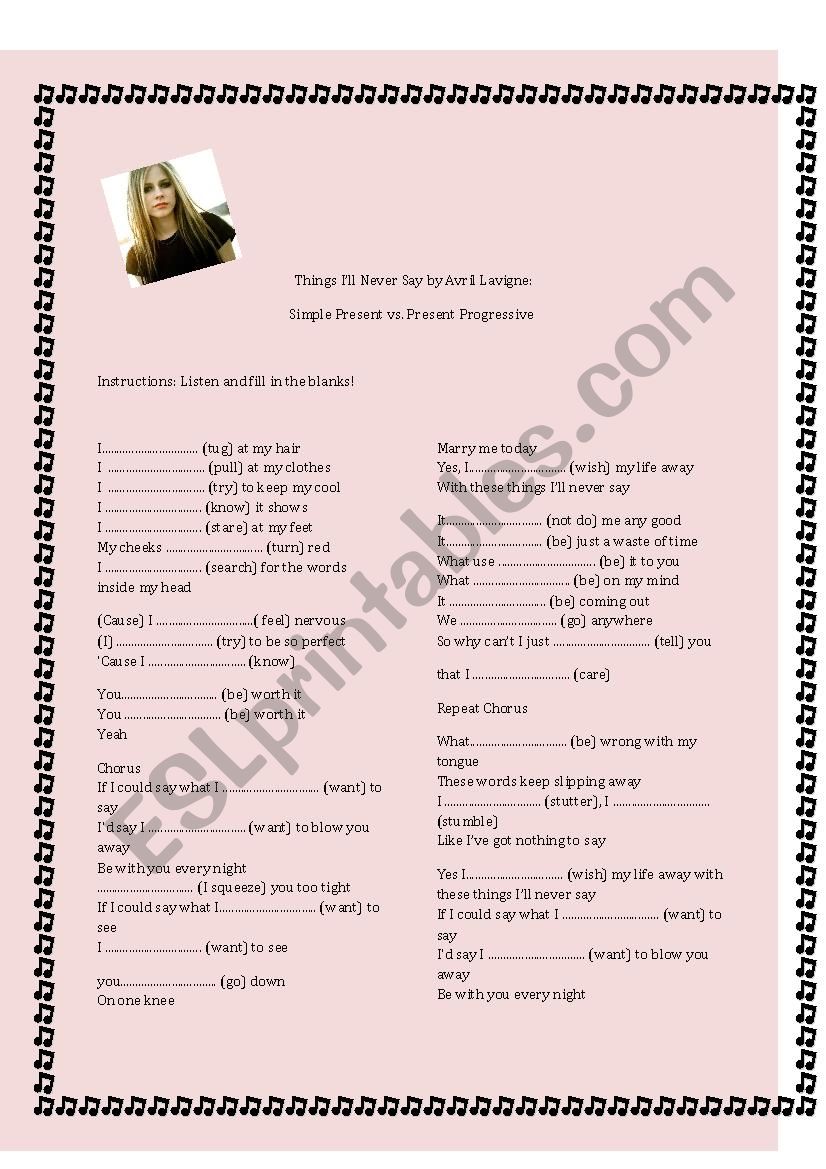 Things I´ll never say worksheet