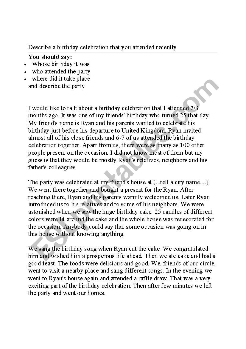 Birthday party (text) worksheet