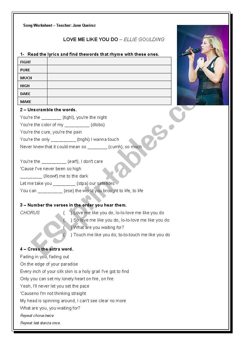 Love me like you do  worksheet