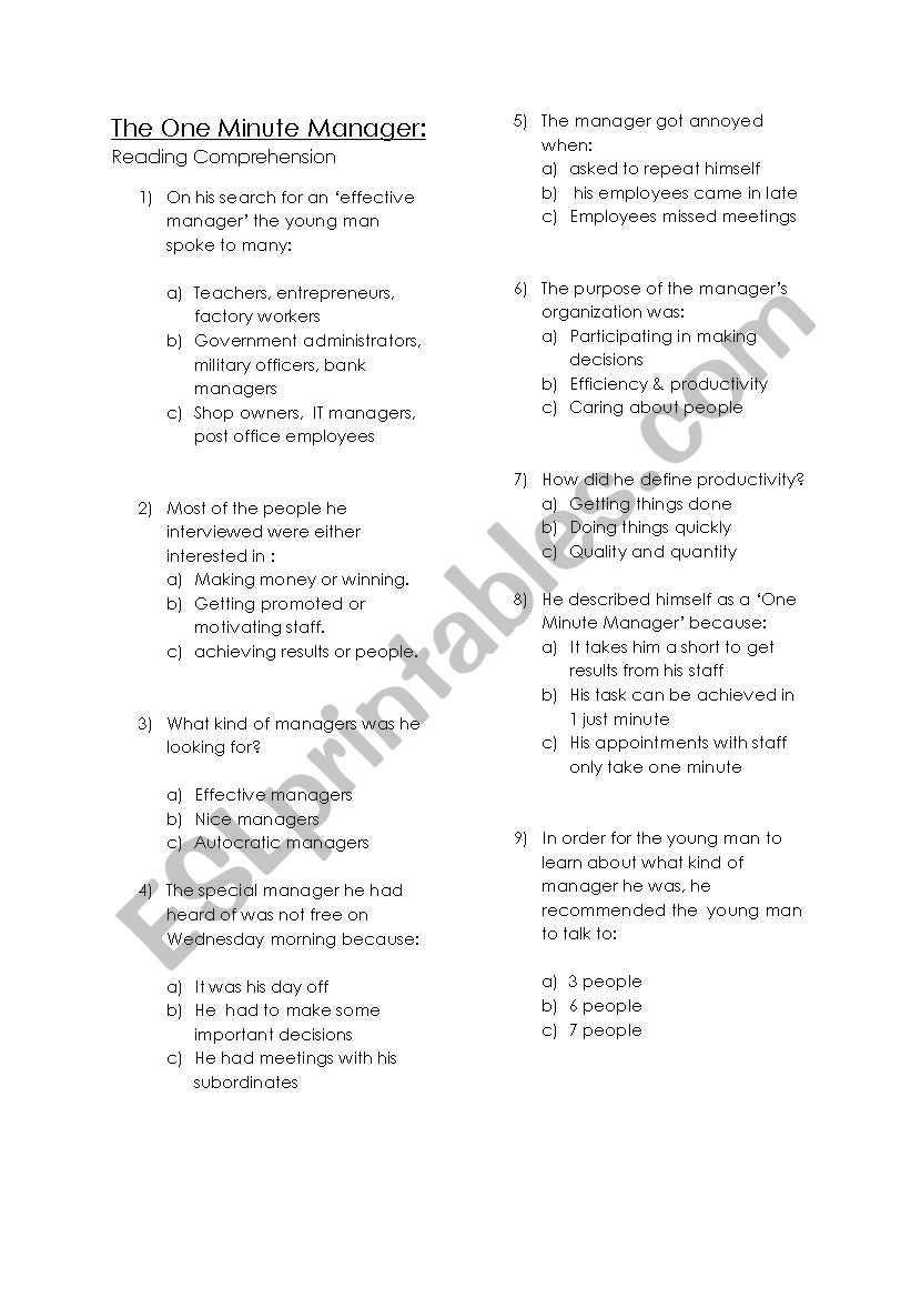 One minute manager reading worksheet