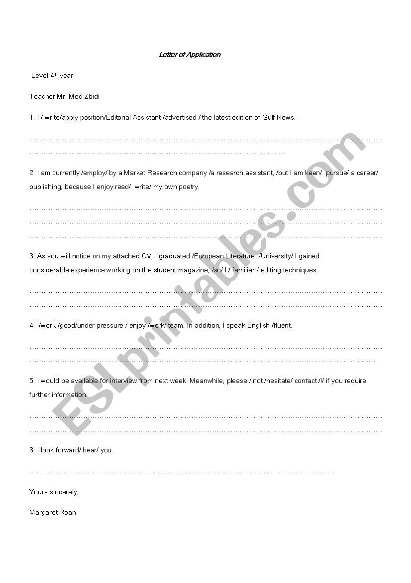 Letter of Application  worksheet