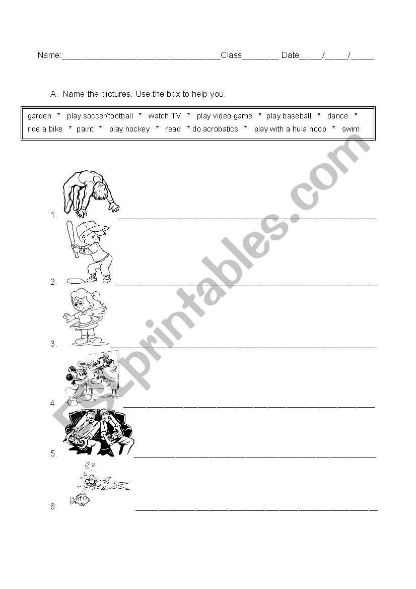 Name and color the activities worksheet