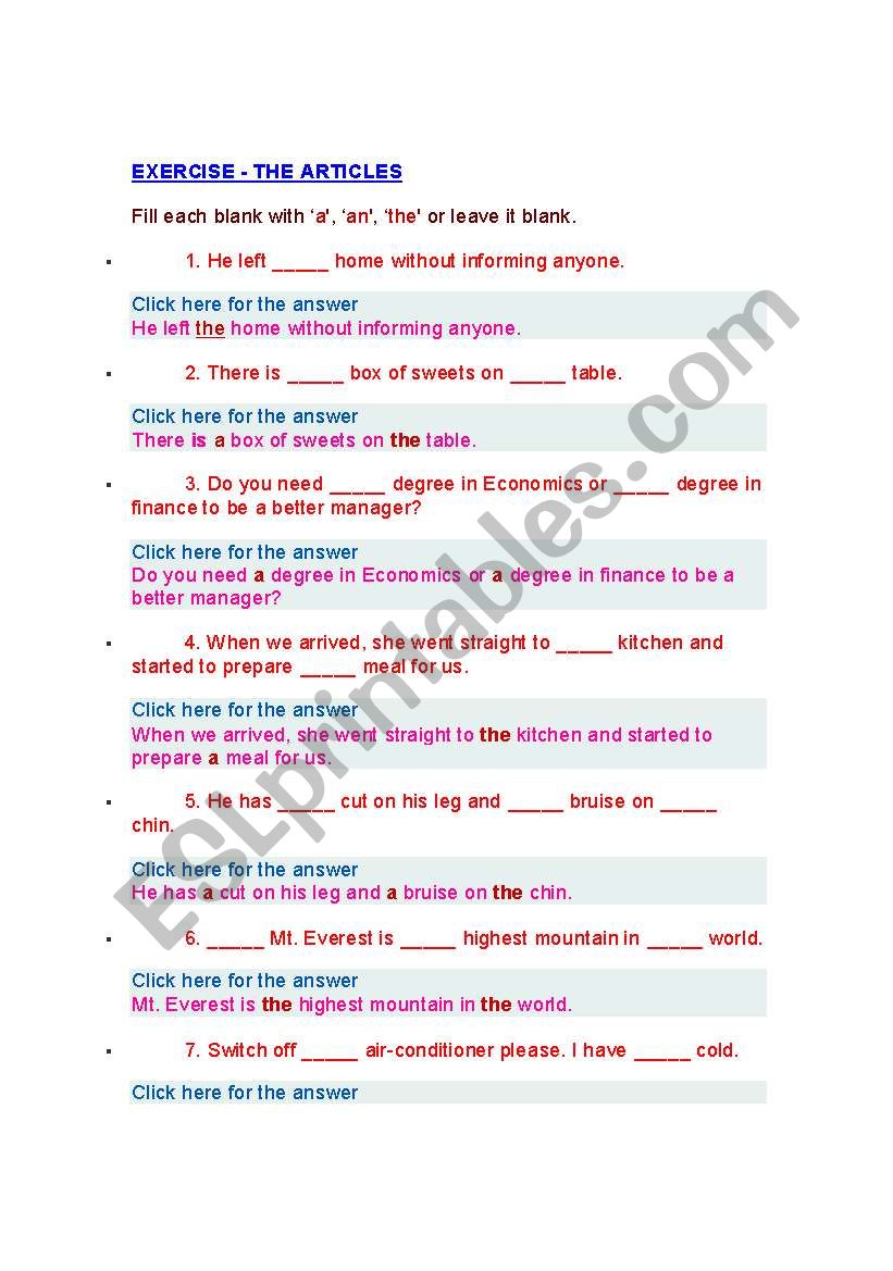 the article worksheet