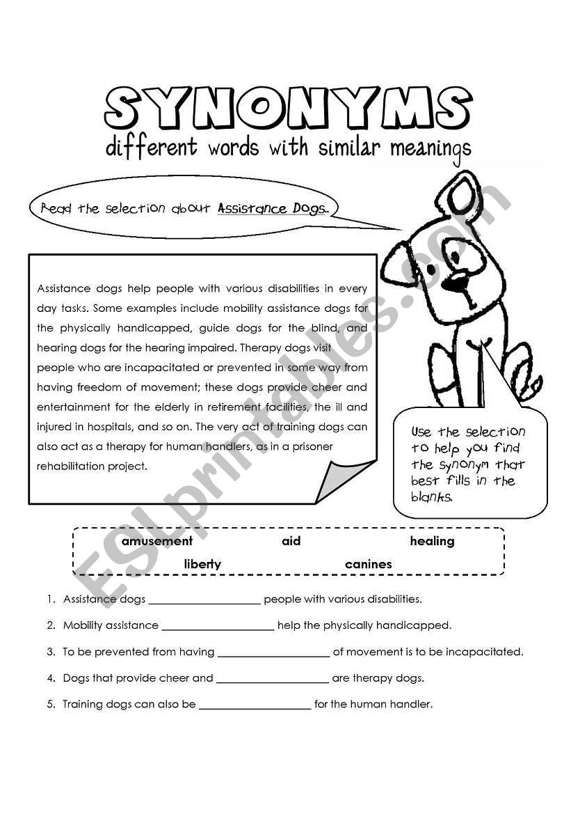 Synonyms: Assistance Dogs worksheet