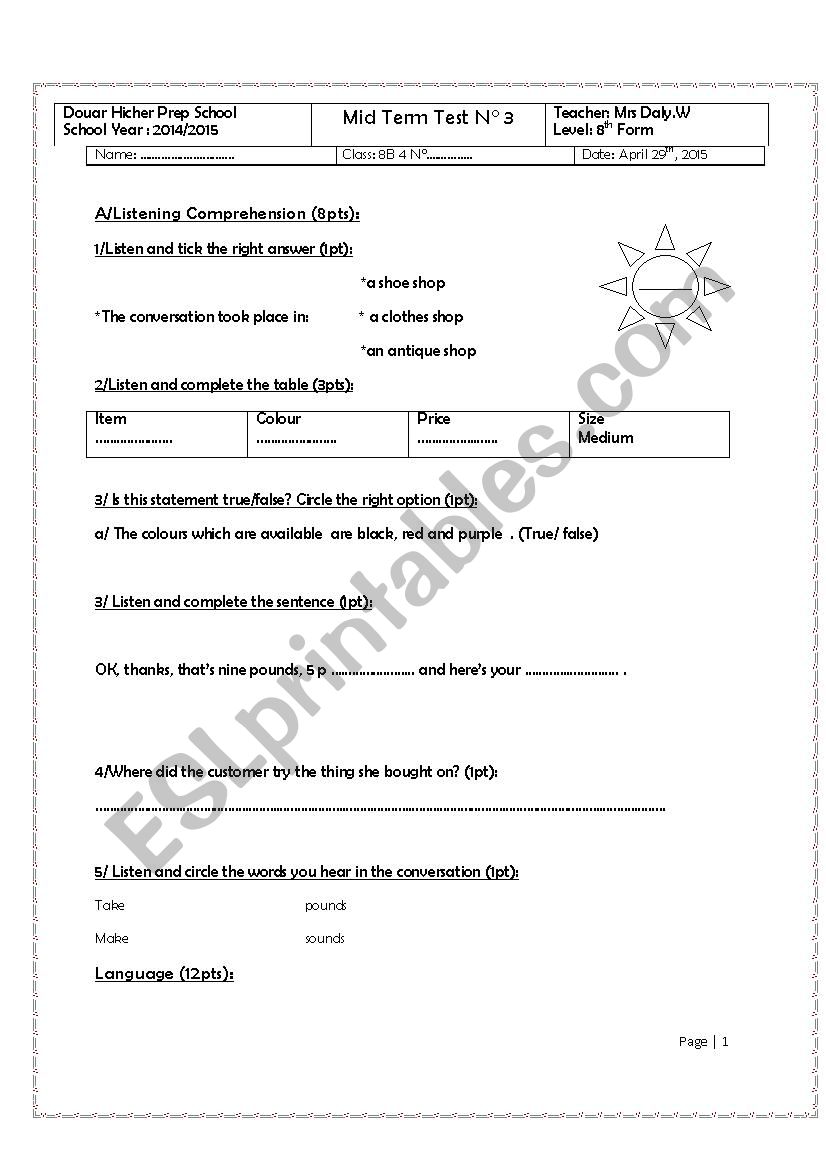 mid term test N3 worksheet