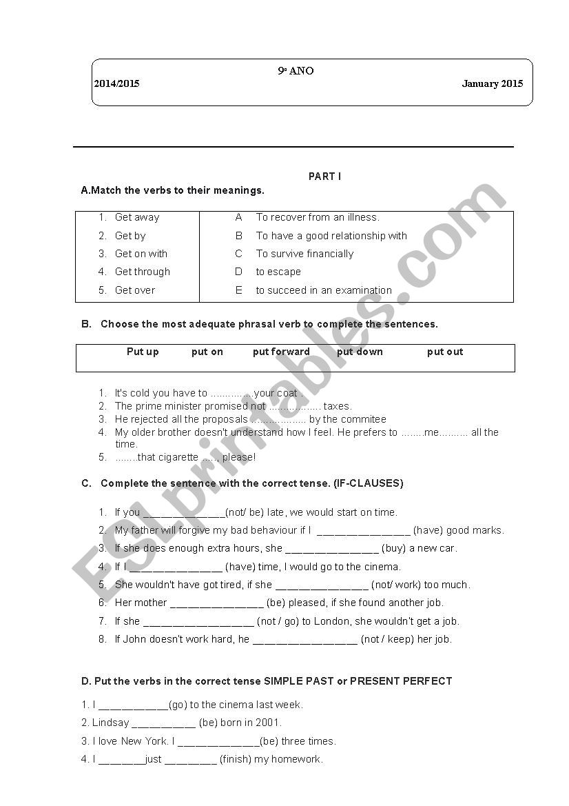 test 9th grade worksheet